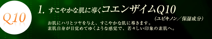 すこやかな肌に導くコエンザイムQ10（ユビキノン／保湿成分）：お肌にハリとツヤを与え、すこやかな肌に導きます。素肌自身が目覚めてゆくような感覚で、若々しい印象の素肌へ。