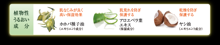 その他の植物性保湿成分：アロエベラ葉エキス、ヤシ油、ホホバ種子油
