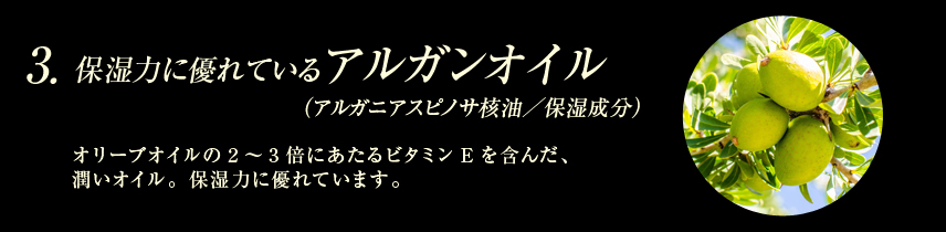 保湿力に優れているアルガンオイル（アルガニアスピノサ核油／保湿成分）：オリーブオイルの2～3倍にあたるビタミンEを含んだ、潤いオイル。保湿力に優れています。